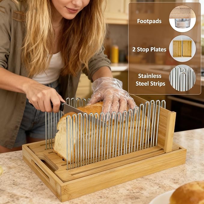 Bamboo Bread Slicer for Homemade Bread with Steel Guides | Adjustable Width, Stainless Steel Slicing Guides, Crumb Tray, For Sourdough Bread, Cakes, Loaves, Bagel