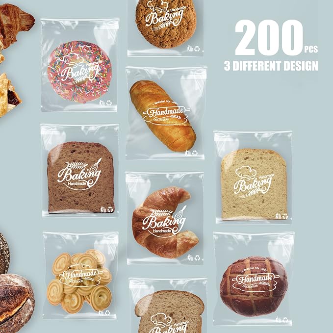 200pcs 6 x 7 Inch Baking Patterns Self Adhesive Packaging Bags, Clear Plastic Self Sealing Cellophane OPP Resalable Treat Bags for Bakery, Cookies, Homemade Bread Daily Use