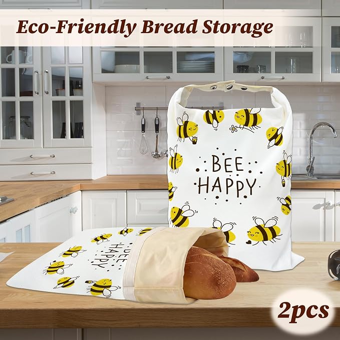 Beeswax Bread Bags, 2 Pack for Homemade Bread and Sourdough Storage | Bee Happy, Reusable Polyester Bread Storage With Beeswax Coating And Snap Closures