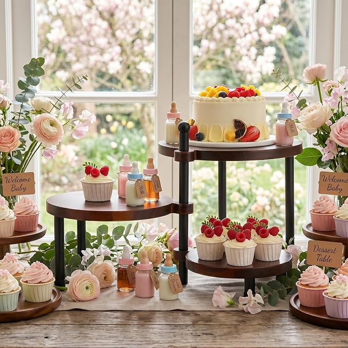 3 Tier Cupcake Stand Wood Cake Stand 360° Rotating Acacia Wood Dessert Table Display Set with Iron Base Rustic Tiered Serving Tray for Wedding Birthday Baby Shower Tea Party