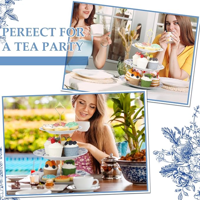 Lallisa Blue Floral 3 Tier Dessert Stand 10", 9" and 7" Ceramic Vintage Chinoiserie Tea Party Tiered Tray Cake Stand Display Holder Tower for Something Blue Before I Do Bridal Shower Decorations