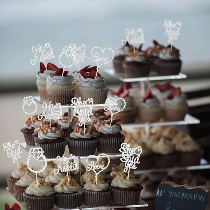 Gyufise 24 Pack Silver Glitter He Asked She Said Yes Cupcake Toppers Diamond Ring Heart Cake Picks for Wedding Engagement Party Cake Decorations