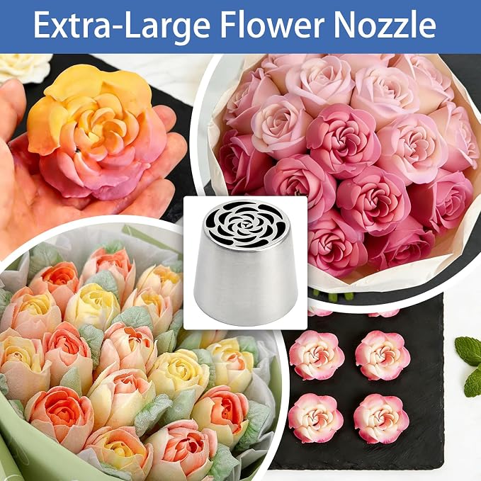 1 Extra Large Stainless Steel Rose Petal Piping Tip, Cotton Candy Bean Paste Flower Bouquet Cream Nozzle, for Cakes Cupcakes Desserts Puffs Tool for Cake Decoration Pastry Baking (XXL,Style 34)