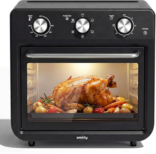 SMIRLY 6-in-1 Air Fryer Toaster Oven Combo, 27QT Convection Oven Countertop, 1800W Oven for Toast, Roast, Bake, Reheat, Broil, Warm, Fits up to a 4 lb Turkey, 12" Pizza, 6 Toast, Black
