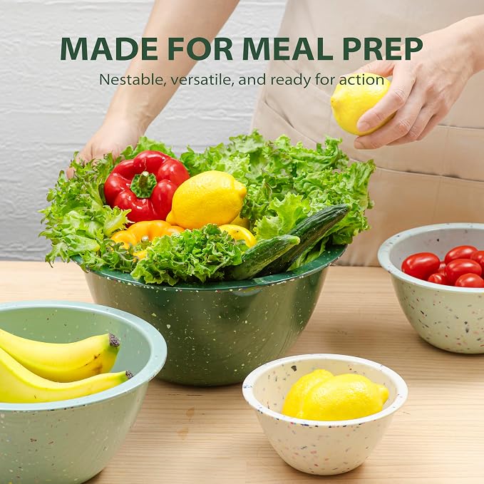 bzyoo Confetti Nesting Mixing Bowls Set - 4-Piece Colorful Kitchen Bowls (18oz, 1.25QT, 2.5QT, 4QT) - BPA-Free, Dishwasher Safe, Space-Saving Design Green Colors