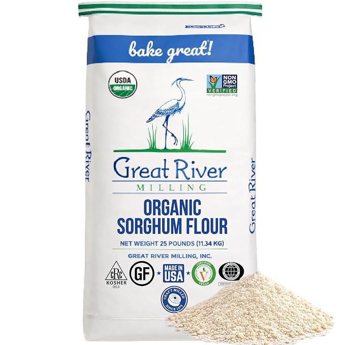 Great River Milling Organic Sorghum Flour | Whole Grain Gluten Free Flour | Non-GMO, Vegan & Kosher Certified | Milled for Smooth Texture | Ideal for Bulk Baking & Cooking, Pancakes & Batters | 25 Lb
