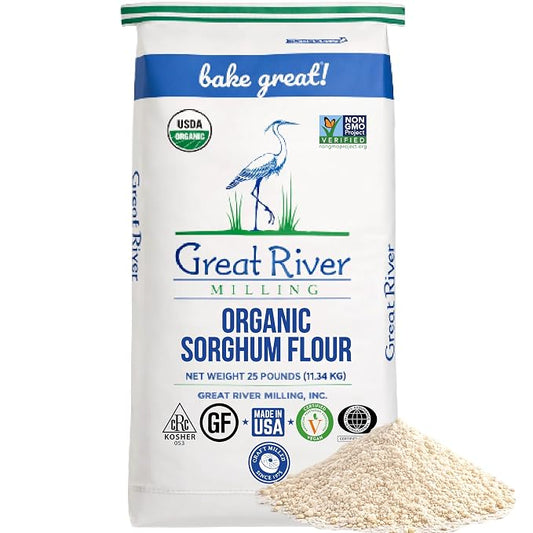 Great River Milling Organic Sorghum Flour | Whole Grain Gluten Free Flour | Non-GMO, Vegan & Kosher Certified | Milled for Smooth Texture | Ideal for Bulk Baking & Cooking, Pancakes & Batters | 25 Lb