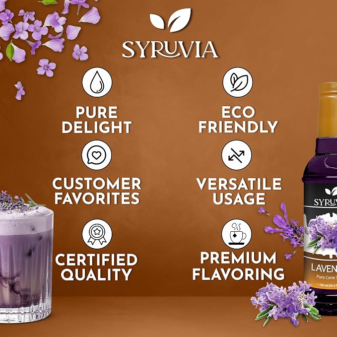 Syruvia Coffee Syrup, Lavender Flavored Syrup for Drinks, Lattes, and Desserts – 25.4 fl oz - with Pump