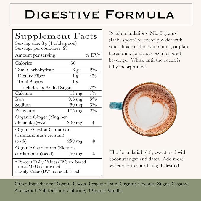 Herbal Roots Organic Digestive Functional Cocoa Beverage Powder - Ginger, Ceylon Cinnamon, Cardamom - Sweetened with Dates and Coconut - 28 Servings