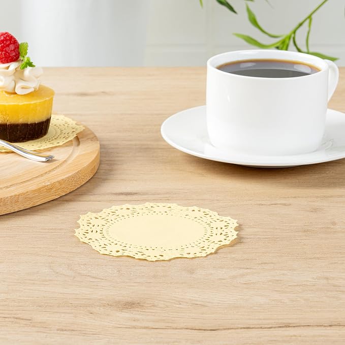 Pastry Tek 4 x 4 Inch Paper Lace Doilies, 100 Disposable Table Doilies - Elegant Lace Finish, Long Lasting, Yellow Paper Doily, for Pastries, Cupcakes, Desserts - Restaurantware