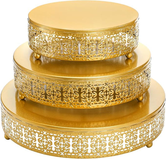 Youeon Gold Round Cake Stand Set of 3, 12/10/8 Inch Metal Hollow Cake Pedestals with Low Feet, Dessert Display Stands for Wedding, Birthday, Party, Anniversary & Holiday Entertaining
