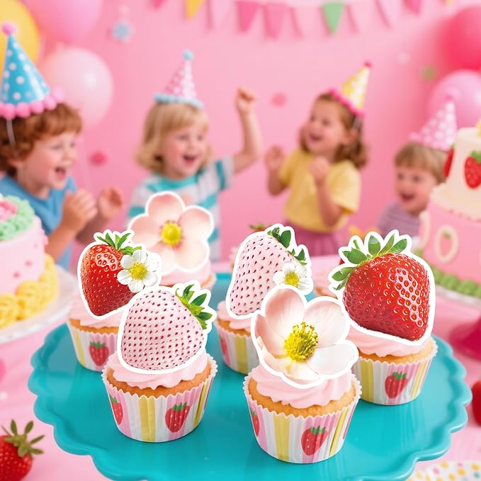 72Pcs Edible Strawberry Cupcake Toppers Wafer Paper Strawberry Flower Bridal Engagement Baby Shower Kids First Birthday Party Cake Decorations Supplies