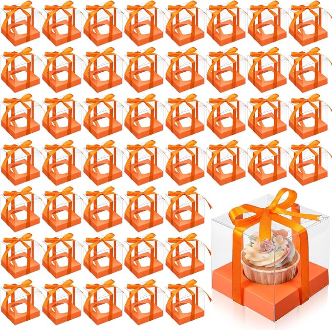Thenshop 50 Pcs Clear Cupcake Boxes Individual 3.5 Inch Plastic Single Cupcake Containers Boxes with Inserts and Ribbon Individual Cake Storage Holders for Cake Kitchen(Orange)