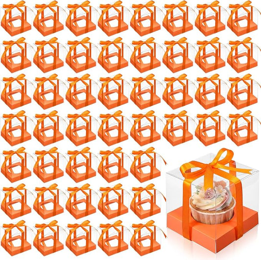 Thenshop 50 Pcs Clear Cupcake Boxes Individual 3.5 Inch Plastic Single Cupcake Containers Boxes with Inserts and Ribbon Individual Cake Storage Holders for Cake Kitchen(Orange)