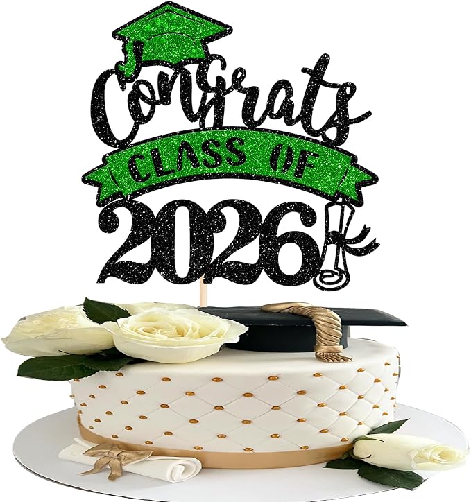 1 Pack Congrats Class of 2026 Cake Topper with Green Glitter Diploma Graduation Cap Cake Pick Contrats Class of 2026 Cake Decorations for 2026 Graduation Theme High School Boys Girls