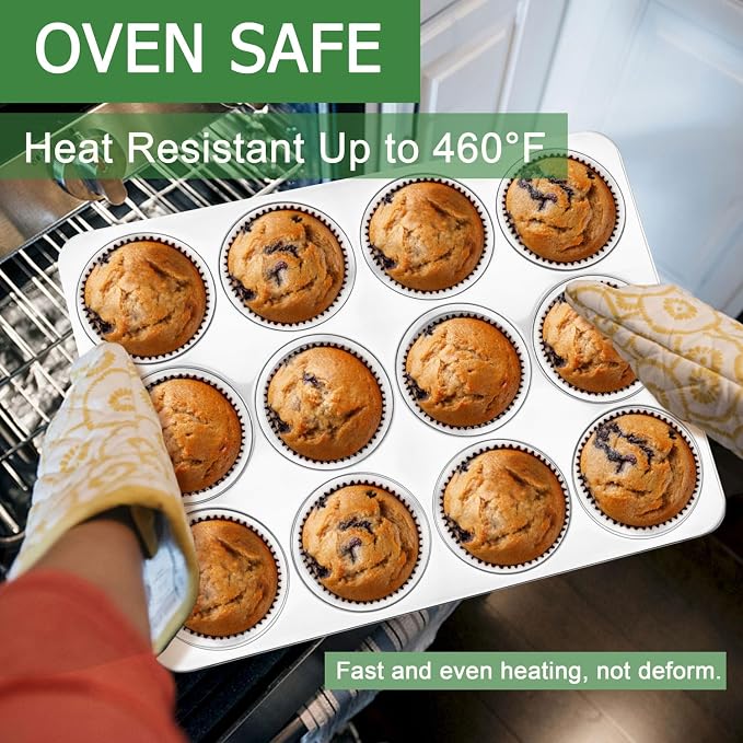 Herogo 3 Pack 12-Cup Stainless Steel Muffin Pan Tin for Making Egg Muffin Quiches, Metal Nonstick Cupcake Tray Set for Baking, Mini Brownie, Regular Size & Easy Clean, Oven & Dishwasher Safe