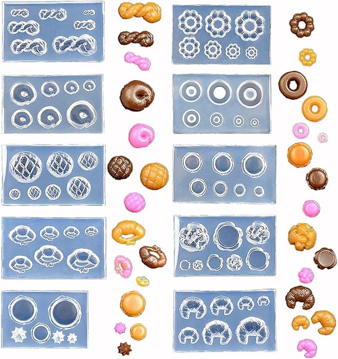 CoolDIY 3D Multipurpose Mini Silicone Mould Set: Bread, Hamburger, Donut, Multiple Designs - Perfect for Clay Crafts, Nail Art Decor (10Pcs Group1)