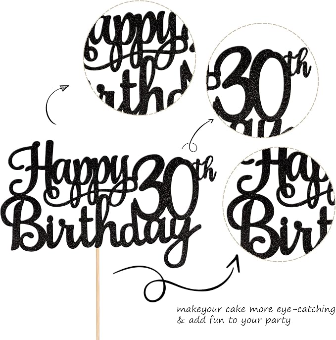 1 PCS Happy 30th Birthday Cake Topper Glitter Cheers to 30 Years Birthday Cake Pick 30 Fabulous Cake Decoration for Happy 30th Birthday Anniversary Party Decorations Supplies Black