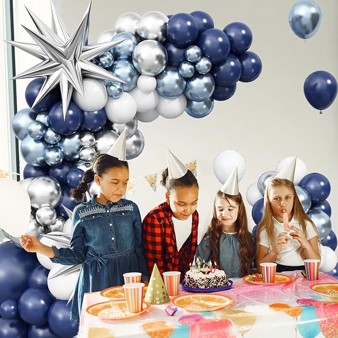 Blue Silver Balloon Arch Kit, Navy Blue Silver White Balloon Garland with Metallic Light blue silver Balloons Star Foil Balloons for Boys Men Birthday Wedding Graduation Baby Shower Party Decoration