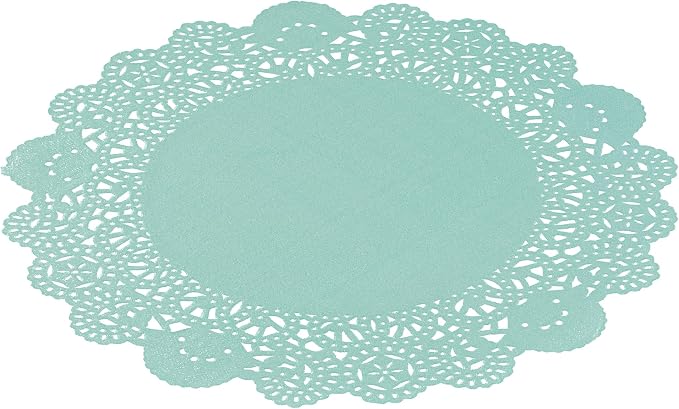 Pastry Tek 8 x 8 Inch Paper Lace Doilies, 100 Disposable Table Doilies - Elegant Lace Finish, Long Lasting, Teal Paper Doily, for Pastries, Cupcakes, Desserts - Restaurantware