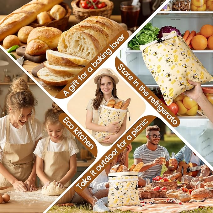 2 Pack Beeswax Bread Bags for Sourdough, Reusable Cotton Linen Bread Storage Bags for Homemade Bread, XL 17'' x 13'', Roll-Up Closure, Freezer Safe