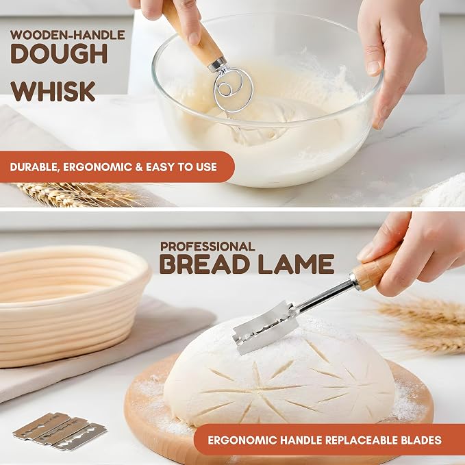 EROIR Sourdough Banneton Bread Proofing Basket Set - 9" Round 10" Oval Linen Lined Baskets Baking Supplies, Danish Whisk, Lame, Bowl Scraper, Dough Scraper, Cleaning Brush, Recipes Book
