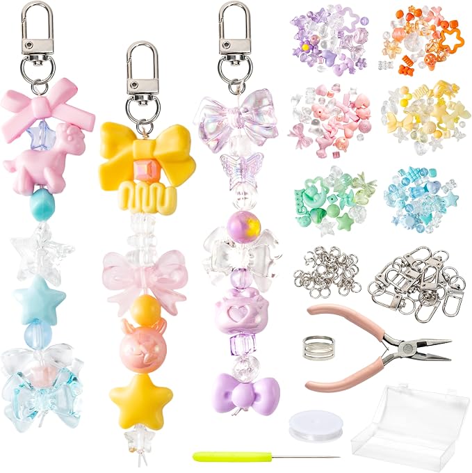 Y1tvei 73pcs Charms Lip Gloss Keychain Making Kit- Beads DIY Crafts Chains | Macaron Color Lip Gloss Charms Set for Jewelry Making, Aesthetic DIY Art Gift for Party Favors, Kawaii Keychain for Birthday