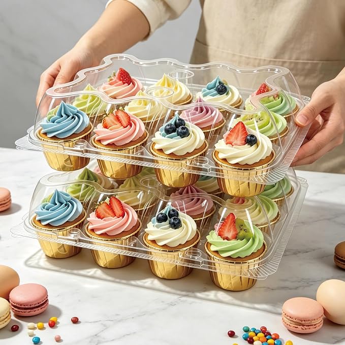 12 Packs × 20 Sets Disposable Plastic Cupcake Containers,Stackable CupCake Holders with lid with 240 Pack Cupcake Liners,Ideal for Baking,Parties,or Storage.