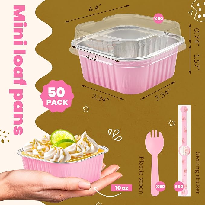 NPLUX 50 Pcs Mini Square Baking Cups with Lids and Spoons Aluminum Foil Mini Cake Pans with Lids Disposable Ramekins Cake Pans Dessert Cups for Wedding, Graduation Gifts Party Favors(Pink,10oz)