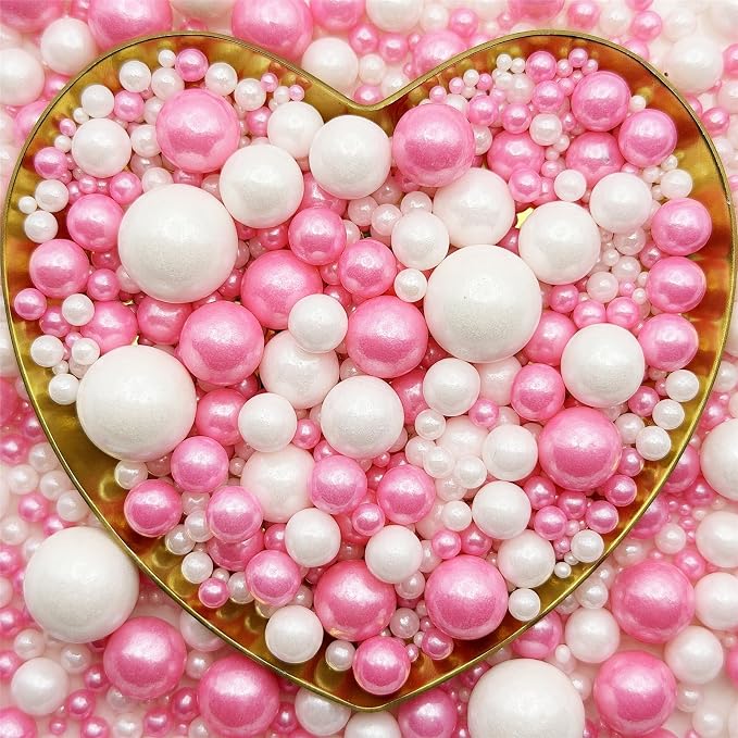 CandiJumpin Edible Pearls for Cake Decorating, Hot Pink and White Pearl Sprinkles Hot Pink Sugar Pearls Edible Cake Decorations White Pearl Sugar Sprinkles Cupcake Toppers Baby Shower Party Birthday Wedding Christmas Supplies 3 OZ