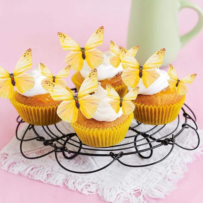 Gyufise 72Pcs Edible Cupcake Toppers - Wafer Paper Butterfly Cupcake Picks for Baby Shower & Kids Birthday Party Cake Supplies - Yellow