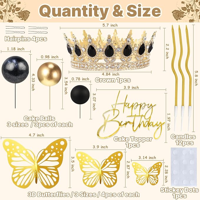 Crown Cake Topper, Black & Gold Crown Balls Happy Birthday Cake Toppers Birthday Candles Butterfly, Corona Para Pastel, Crown Cake Decorations for Women Queen Princess Men (Gold, Black)