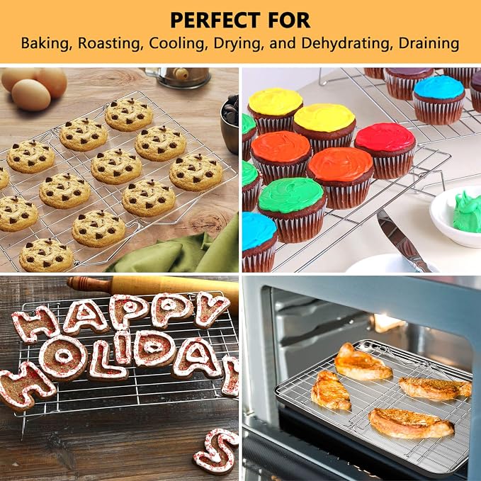 P&P CHEF 4-Tier Cooling Rack Set, Stainless Steel Stackable Baking Cooking Racks for Cooling Roasting Cooking, Raised & Folding Feet, Oven Safe & Easy Clean, 15" x 10", Silver