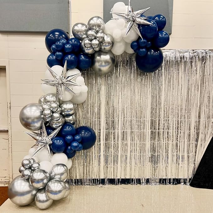 Blue Silver Balloon Garland Arch Kit, Navy Blue White Balloon Arch Kit, Metallic Silver Confetti Balloons Star Foil Balloons for Graduation Birthday Wedding Baby Shower Eid Ramadan Party Decorations