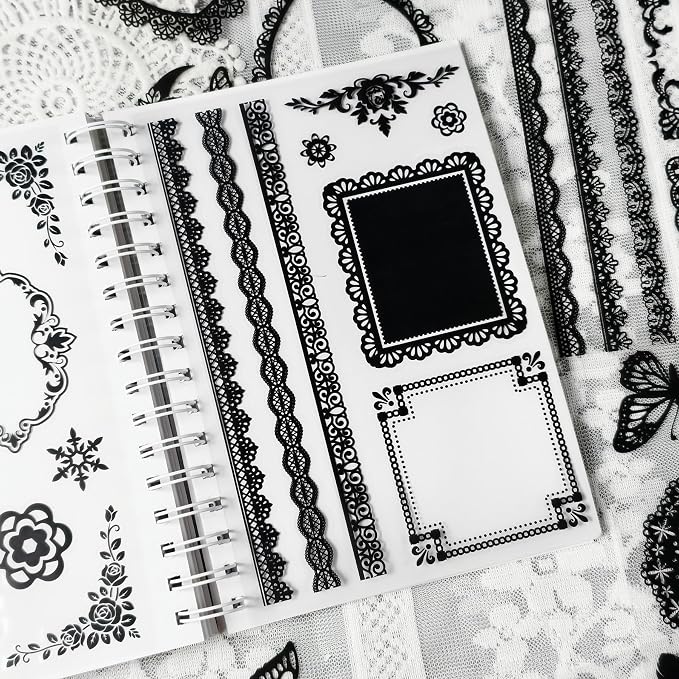 130 Pcs Vintage Black White Lace Scrapbook Stickers - Classic Butterfly Feather Heart Embellishments for DIY Journal Wedding Photo Album Craft Decor, Fade-Resistant Waterproof Reusable