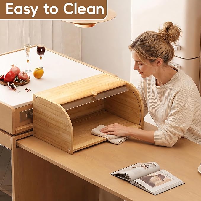 Roll Top Bread Container for Kitchen Countertop, Bamboo Bread Box with Clear Lid, Bread Container Storage（Bamboo without cutting board）