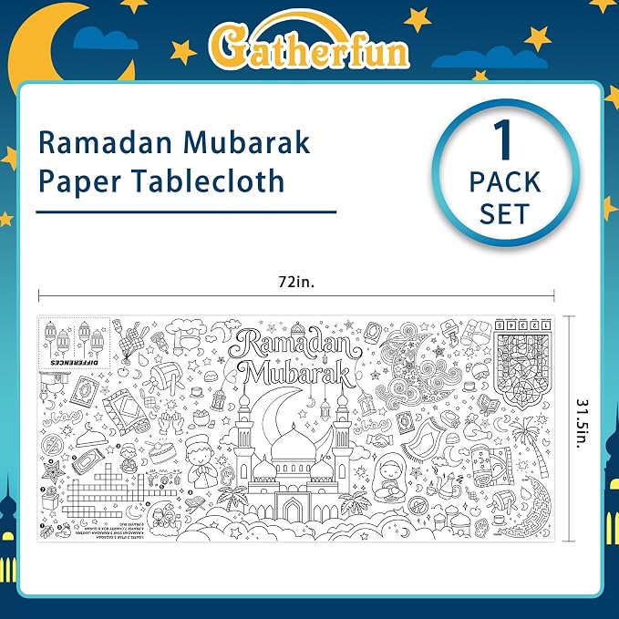 Gatherfun Ramadan Activity Poster & Home Decor - 31.5 x 72 Coloring Banner/Table Cover for Eid Mubarak Decoration, for School Parties & Ramadan Decoration