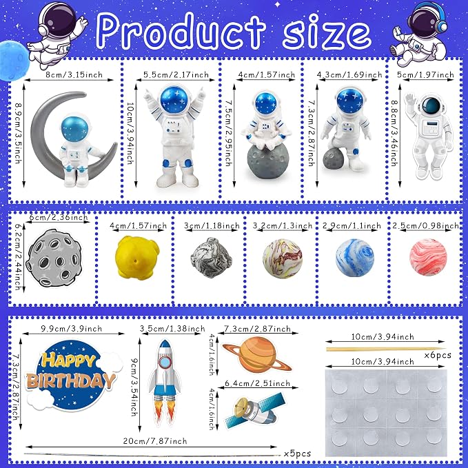 Astronaut Figurines Space Cake Toppers Astronaut Planet Rocket Satellite and Star Space DIY Cake Toppers for Space Theme Party Birthday Party Baby Shower Supplies (Blue)