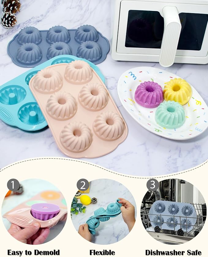 Jello Molds 3pcs Silicone Fluted Tube Cake Pans, 6 Cavity Heritage Silicone Mold for Baking Non Stick Fancy Molds (Pink+Blue+Gray, Fluted Tube)