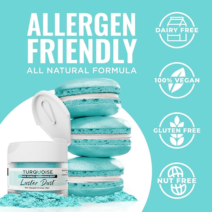 Luster Dust - Turquoise (4g 1x Jar) | Edible Vegan Dust & Paint for Cake Decorating, Ice Cream, Desserts, Cocktails and Beverages by Bakell