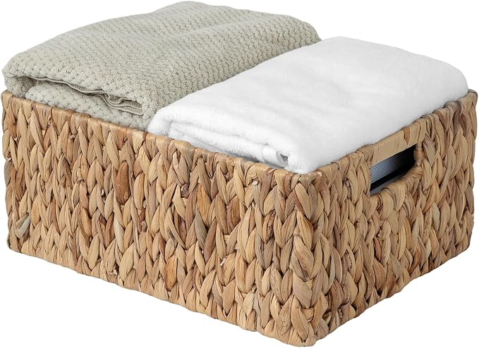 JS HANGER Large Woven Rattan Storage Basket with Handle for Organizing Blanket and Pillows for Living Room, Nursery, Water Hyacinth Wicker Basket 16.53’’ x 12.8’’ x 7.5’’