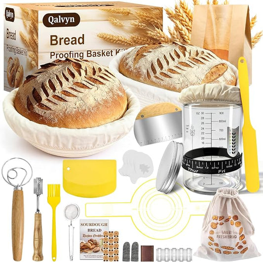 Sourdough Starter Kit with Basket Sourdough Starter Jar for Beginner | 47PCS Set with 9&10-inch Proofing Baskets,34oz Sourdough Starter Jar, Bread making tools & Gift for Women Wife Mom