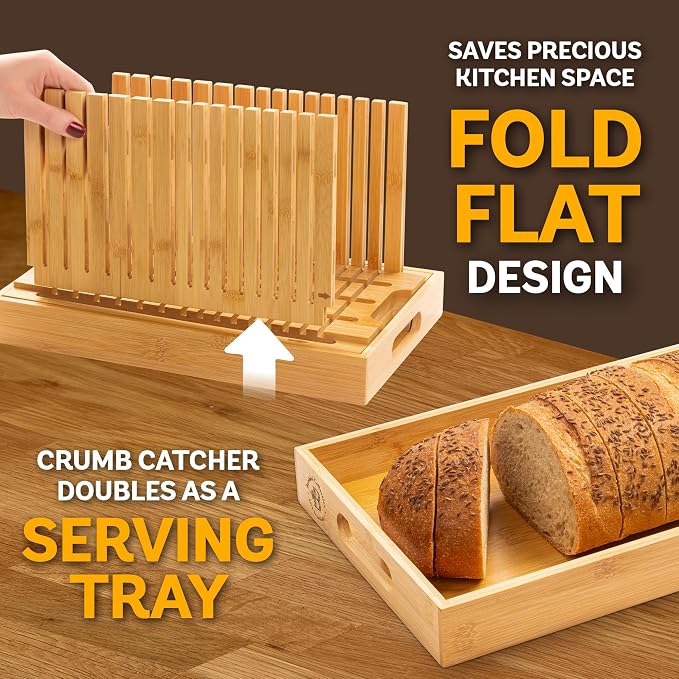 Bread Slicer and Cutting Board Set - Bamboo Bread Slicer with Crumb Tray & Adjustable Width + 4-Piece Bamboo Cutting Board Set for Kitchen