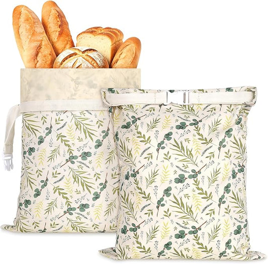 2pack Beeswax Linen Bread Bag Large Reusable Sourdough Bread Bags | 17 x 12 in, Beeswax Liner, Buckle Closure, Keep Bread Fresh, Baking Storage, Green Leaves Design