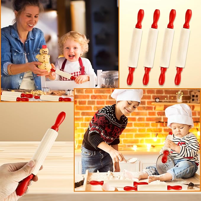 16 Pcs 8 Inch Mini Wooden Rolling Pins Small Wood Rolling Pin Wooden Roller with Red Handle for Kitchen Baking Pastry Cake Cookie Chef Role-playing Game