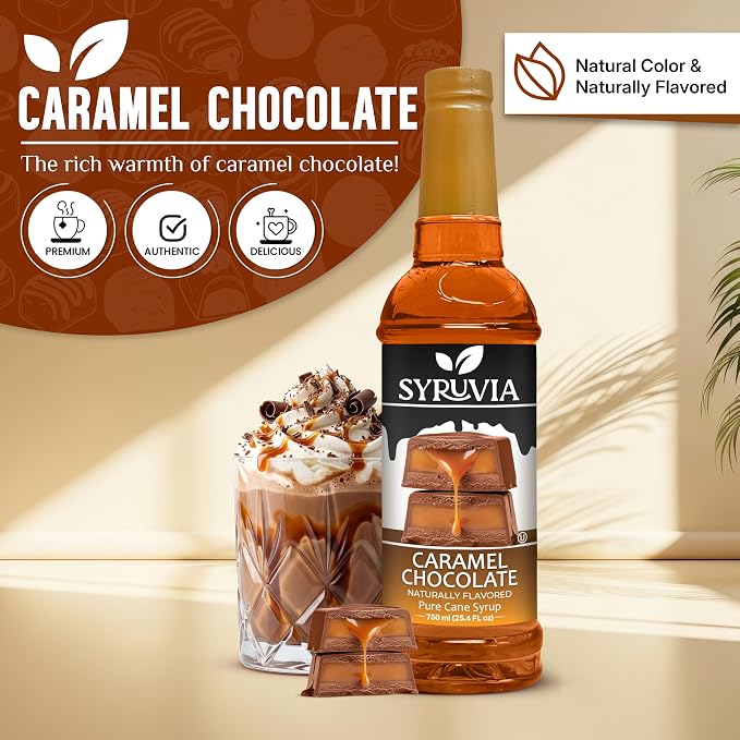 Syruvia Coffee Syrup, Caramel Chocolate Flavored Syrup for Drinks, Lattes, and Desserts, Natural Flavors – 25.4 fl oz - with Pump