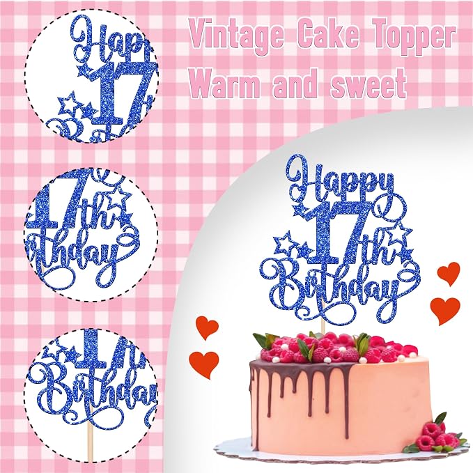 1 PCS Happy 17th Birthday Cake Topper Glitter Cheers to 17 Years Birthday Cake Pick Hello 17 Fabulous Cake Decoration for Happy 17th Birthday Anniversary Party Decorations Supplies Blue