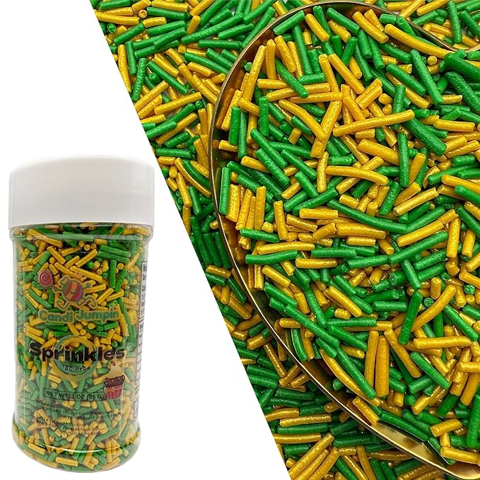 CandiJumpin Gold and Green Jimmy Sprinkles, Gold Green Sprinkles for Cake Decorating Edible Cake Jimmies Edible Crunchy Jimmies Ice Cream Toppings, Baby Shower Party Wedding Christmas Supplies 3 OZ