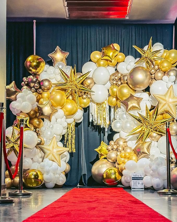 White and Gold Balloon Arch Kit, 146Pcs Explosion Star White Metallic Gold Latex Balloon Garland kit, 22 18 12 10 5 Inch Different Size Balloons for Anniversary Birthday Engagements Party Decorations