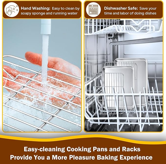 P&P CHEF 10.4 + 9 Inch Toaster Oven Pans with Racks, 4 Pieces Stainless Steel Oven Tray Baking Pan Sheet and Cooling Rack for Oven Cooking Roasting, Non Toxic & Dishwasher Safe